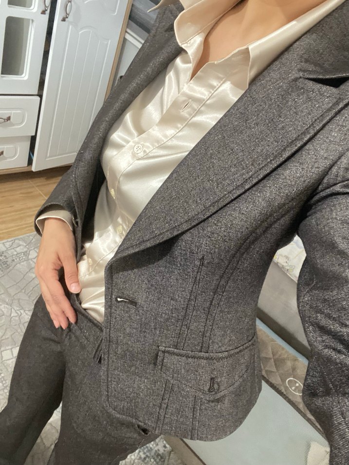 Gri Düğmeli Kadın Blazer Ceket pantalon takım - Görsel 5