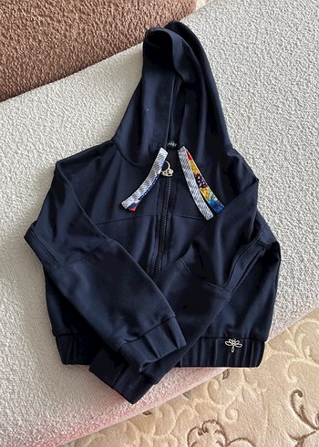 Nakışlı Mavi Kapüşonlu Fermuarlı Sweatshirt - Görsel 2