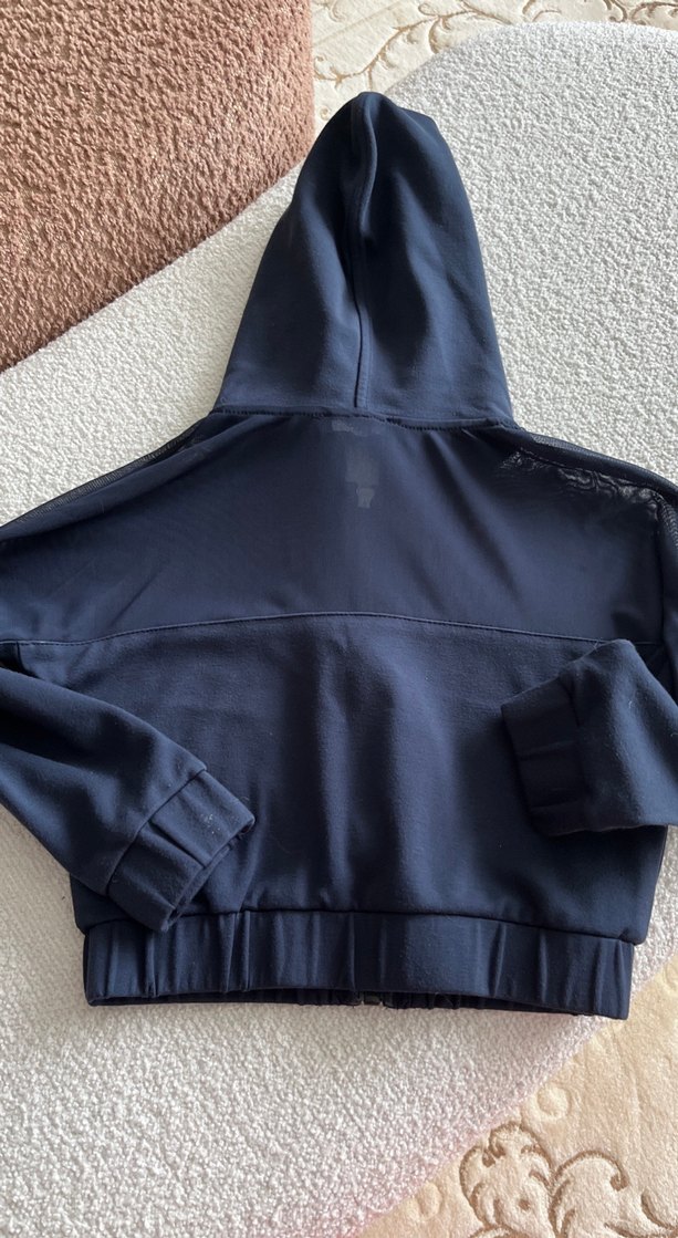 Nakışlı Mavi Kapüşonlu Fermuarlı Sweatshirt - Görsel 4