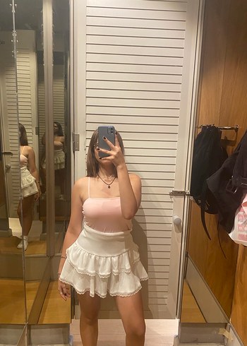 Pembe crop ve beyaz Mini Etek