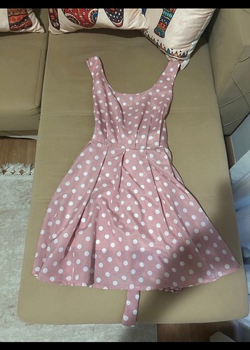 Puantiyeli Pileli Pembe Midi Elbise