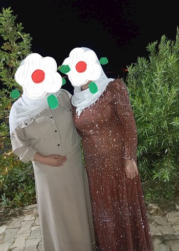 Uzun Kollu Drapeli Kahverengi Kadın abiye Elbisesi - Görsel 2