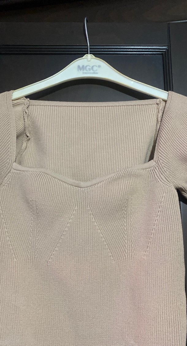 Bej V Yaka İnce Triko Kadın Kazak - Görsel 3