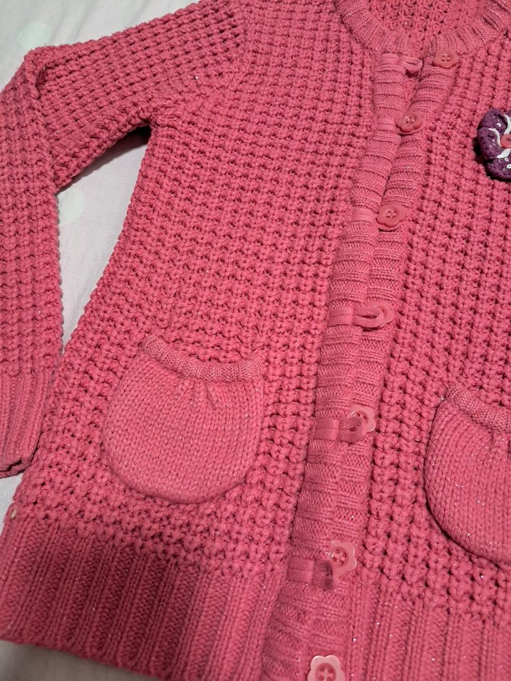 Kız Çocuk Pembe Örgü Hırka Nakışlı - Görsel 2