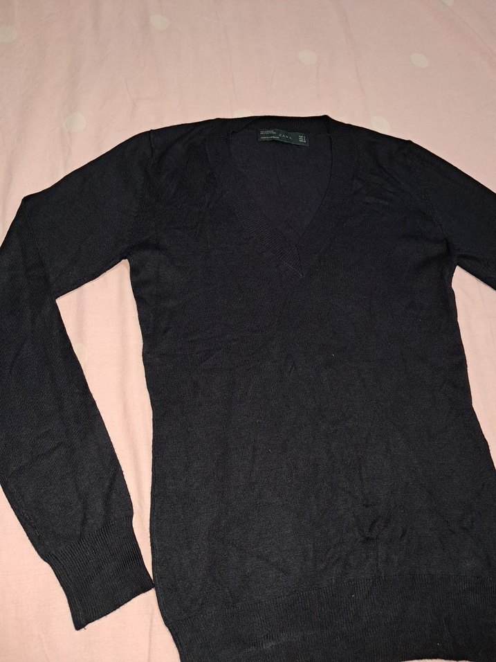 V Yaka Mavi Kadın Kazak - Görsel 2