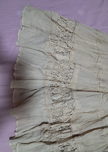 Ekru Uzun Bohem Fırfırlı Keten Etek - Görsel 5