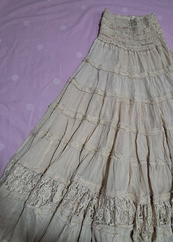 Ekru Uzun Bohem Fırfırlı Keten Etek - Görsel 3