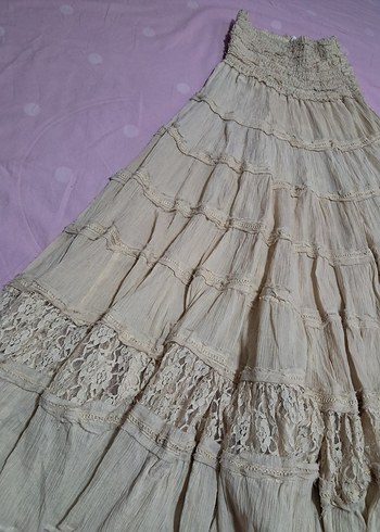 Ekru Uzun Bohem Fırfırlı Keten Etek - Görsel 2