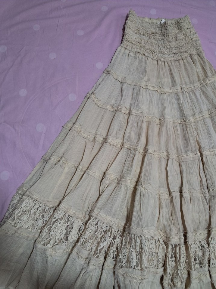 Ekru Uzun Bohem Fırfırlı Keten Etek - Görsel 3