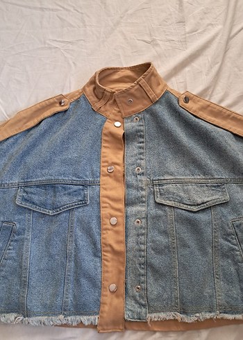 m Beden camel Renk Bej Kol Detaylı Kadın Denim Ceket