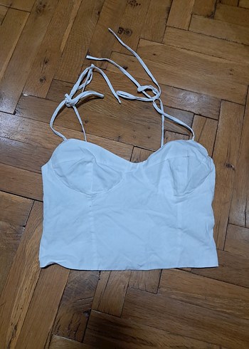 Beyaz Mini Keten Halter Büstiyer