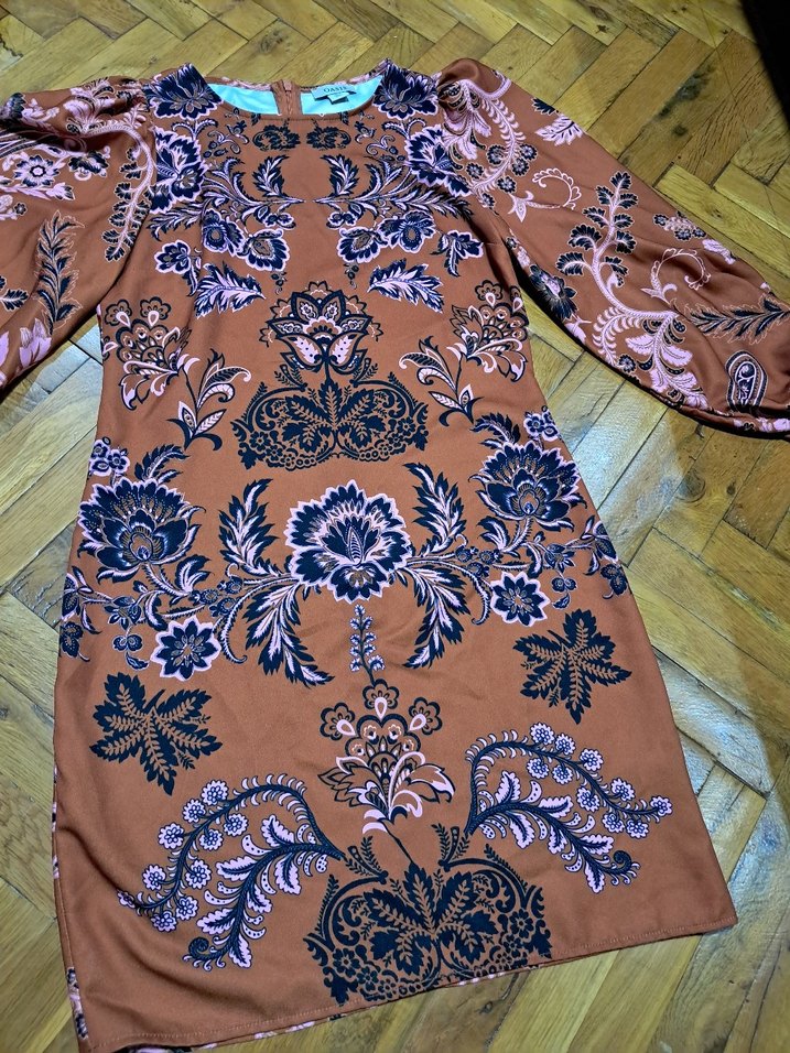 Bohem Uzun Kollu Desenli Kahverengi Elbise - Görsel 2