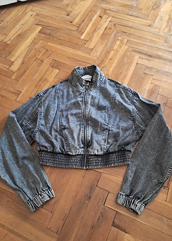 Gri Kadın Denim Ceket, Bel Detaylı, Salaş