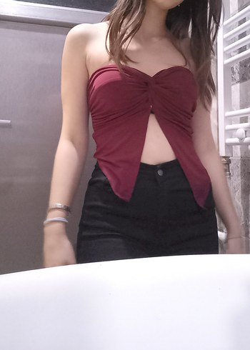 Bordo Drapeli Straplez Kadın Bustiyer - Görsel 2