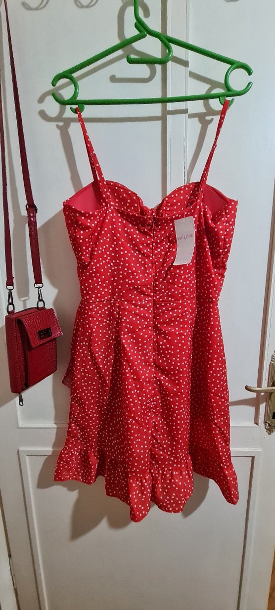 Kırmızı Puantiyeli Mini Askılı Elbise - Görsel 2