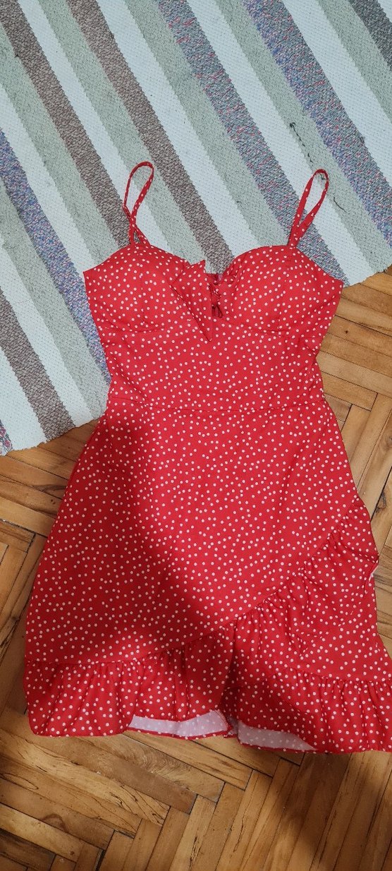 Kırmızı Puantiyeli Mini Askılı Elbise - Görsel 3