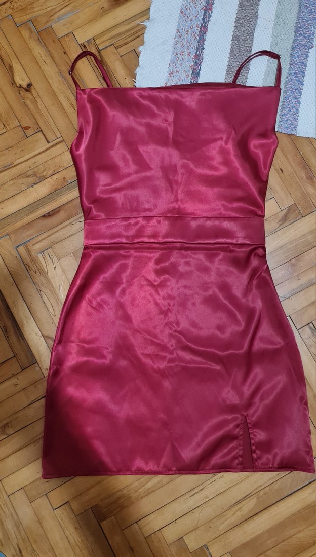 Bordo Parlak Saten Midi Abiye Elbise - Görsel 4