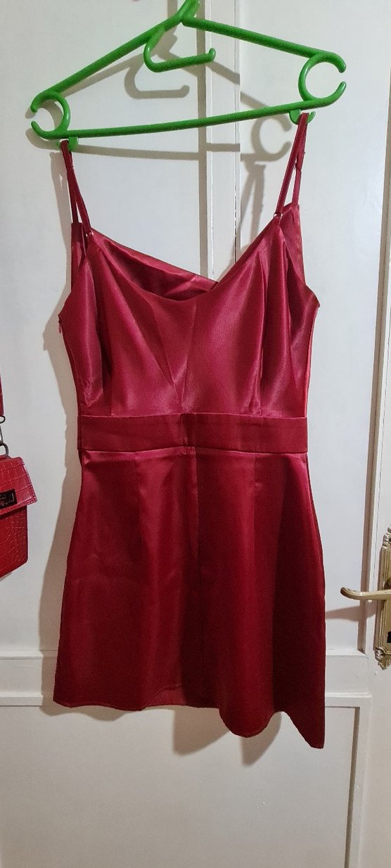 Bordo Parlak Saten Midi Abiye Elbise - Görsel 2