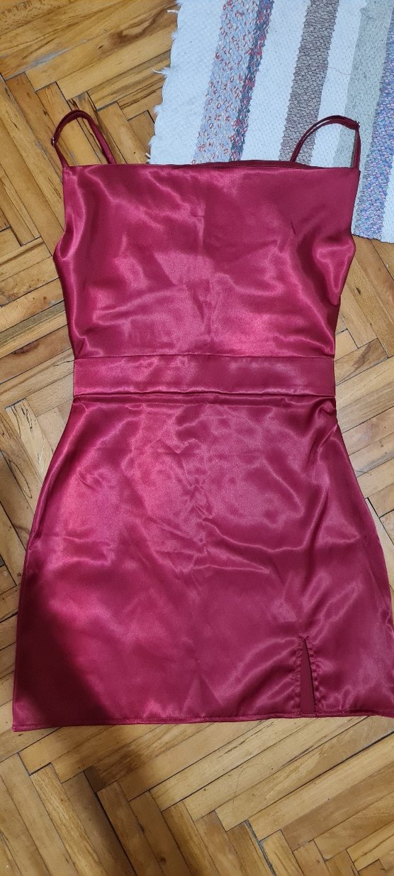 Bordo Parlak Saten Midi Abiye Elbise - Görsel 3