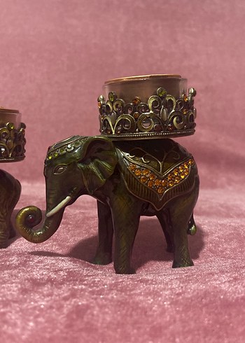 Altın Detaylı Fil Figürlü Mumluk Seti - Görsel 2