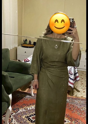 m Beden Kadın Haki Uzun Drapeli Elbise
