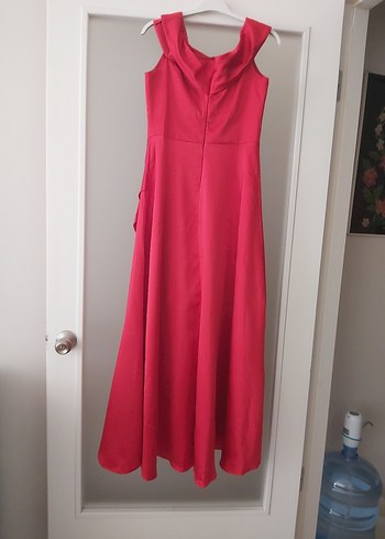 kırmızıDrapeli  saten Uzun Abiye Elbise - Görsel 4