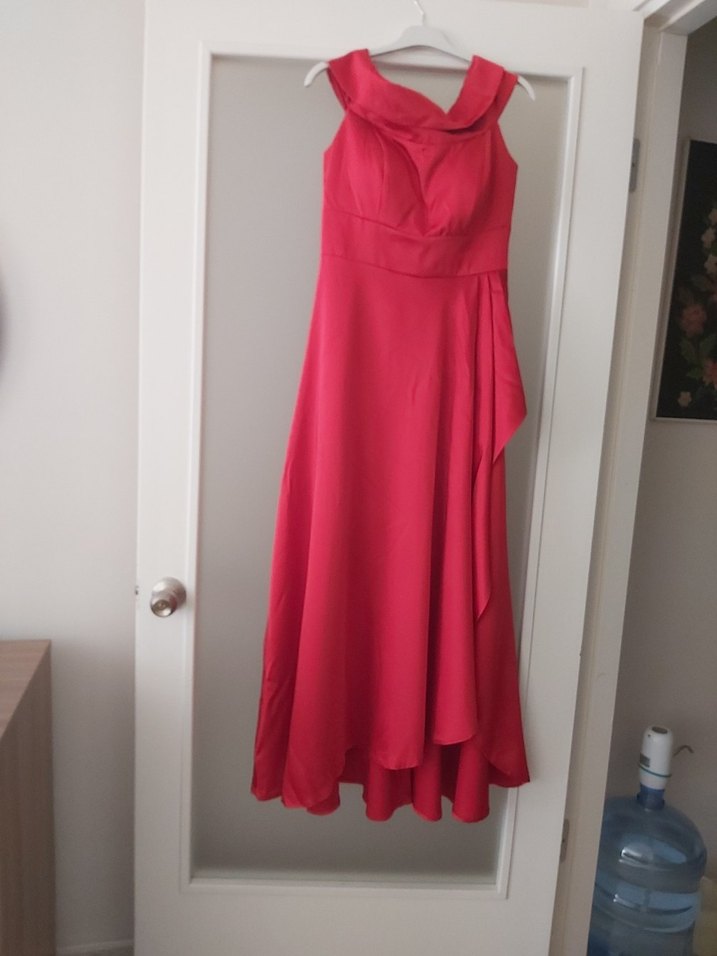 kırmızıDrapeli  saten Uzun Abiye Elbise - Görsel 5