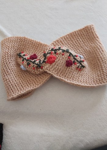 el örgüsü Nakışlı Bej Örgü Eldiven ve saç bandı - Görsel 3