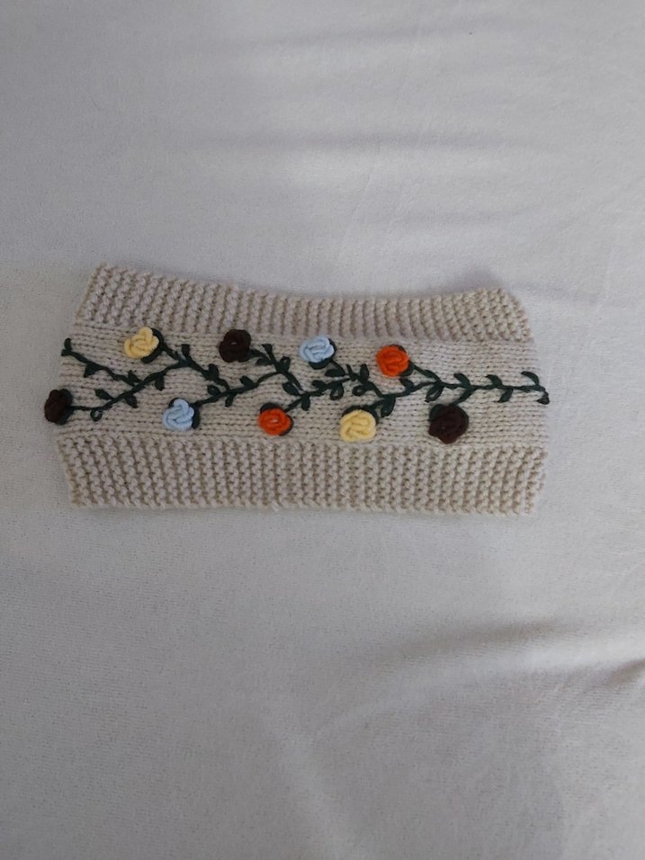 Bej Örgü Çiçekli Bohem Kadın Saç bandı - Görsel 4