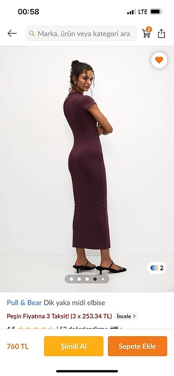 xl Beden bordo Renk Pull&Bear dik yaka midi elbise