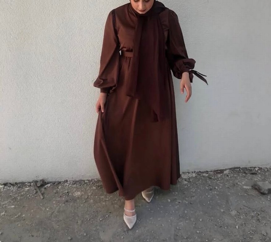 Kahverengi Uzun Salaş Kadın Elbise - Görsel 4