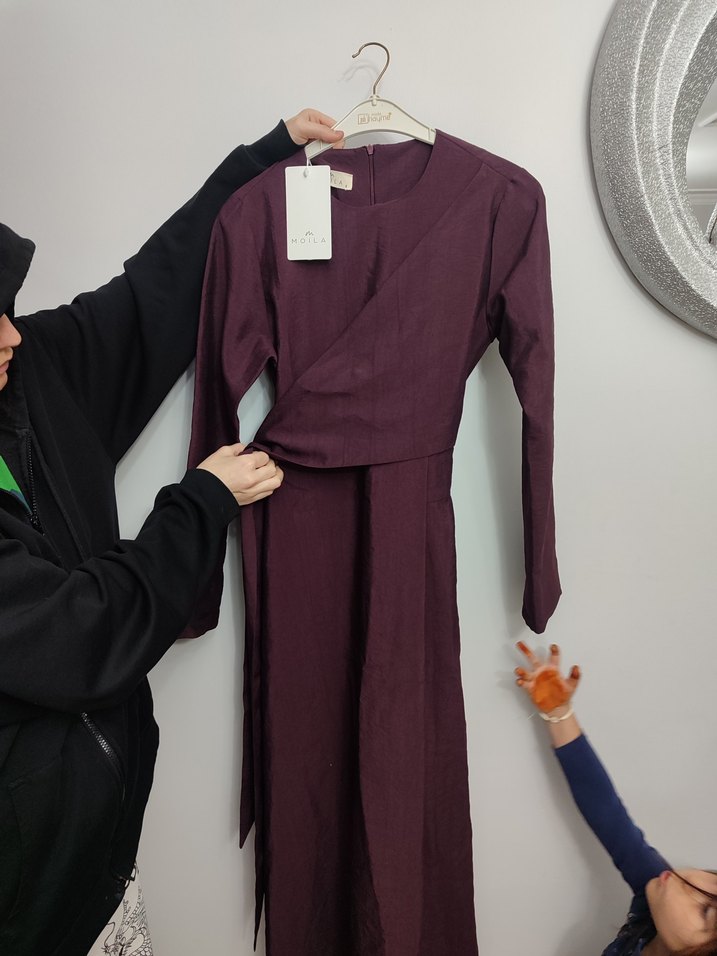 Drapeli Bordo Kadın Uzun Elbise - Görsel 2