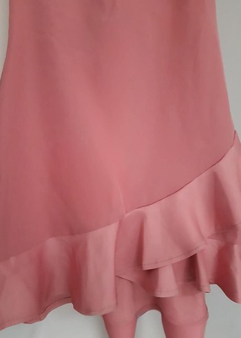 Pembe Midi Kolsuz Elbise, Fırfırlı - Görsel 2