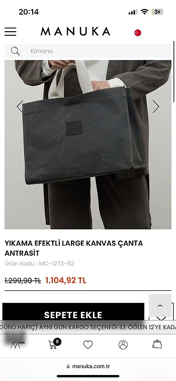 Manuka yıkama efektli büyük kanvas çanta