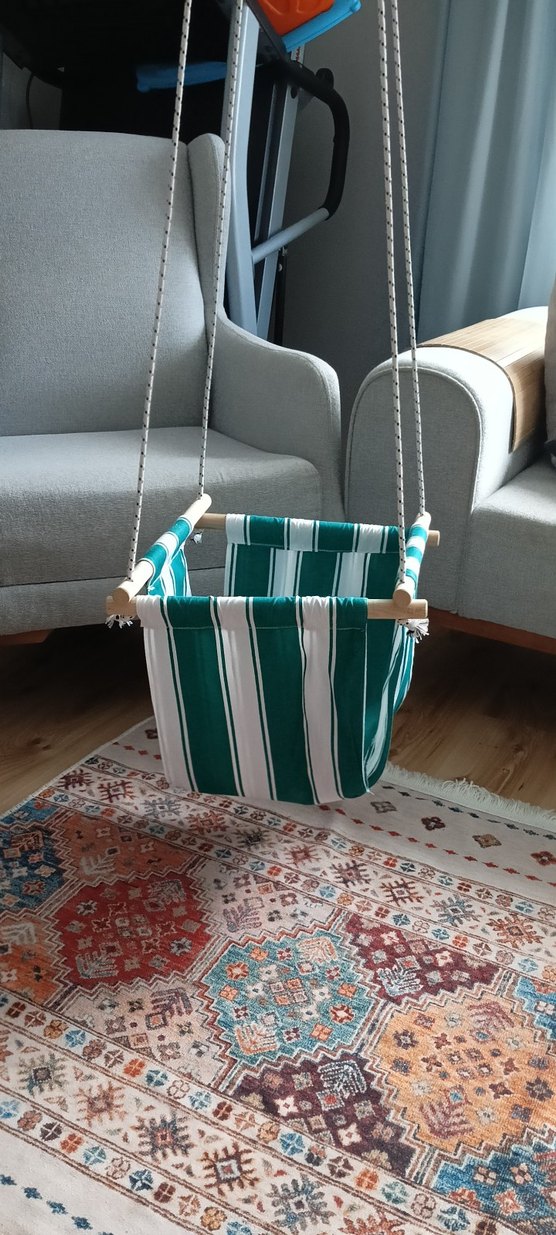 Yeşil Çizgili Sallanan Bebek Beşiği - Görsel 3