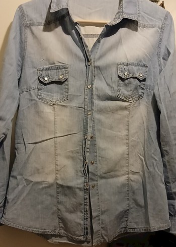 Gri Kadın Denim Gömlek Uzun Kollu