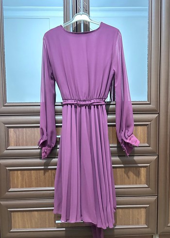 Mor V Yaka Uzun Drapeli Kadın Elbise - Görsel 3