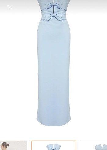 Mavi Fiyonklu Uzun V Yaka Kadın Elbise - Görsel 3