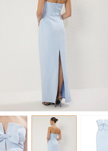 Mavi Fiyonklu Uzun V Yaka Kadın Elbise - Görsel 2