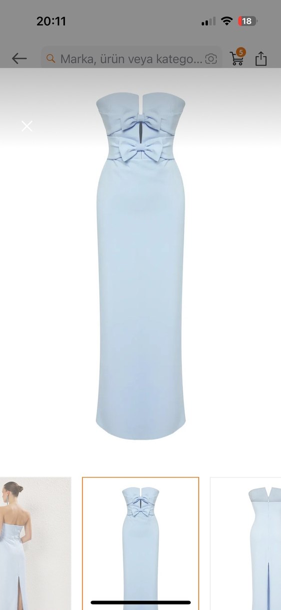 Mavi Fiyonklu Uzun V Yaka Kadın Elbise - Görsel 3