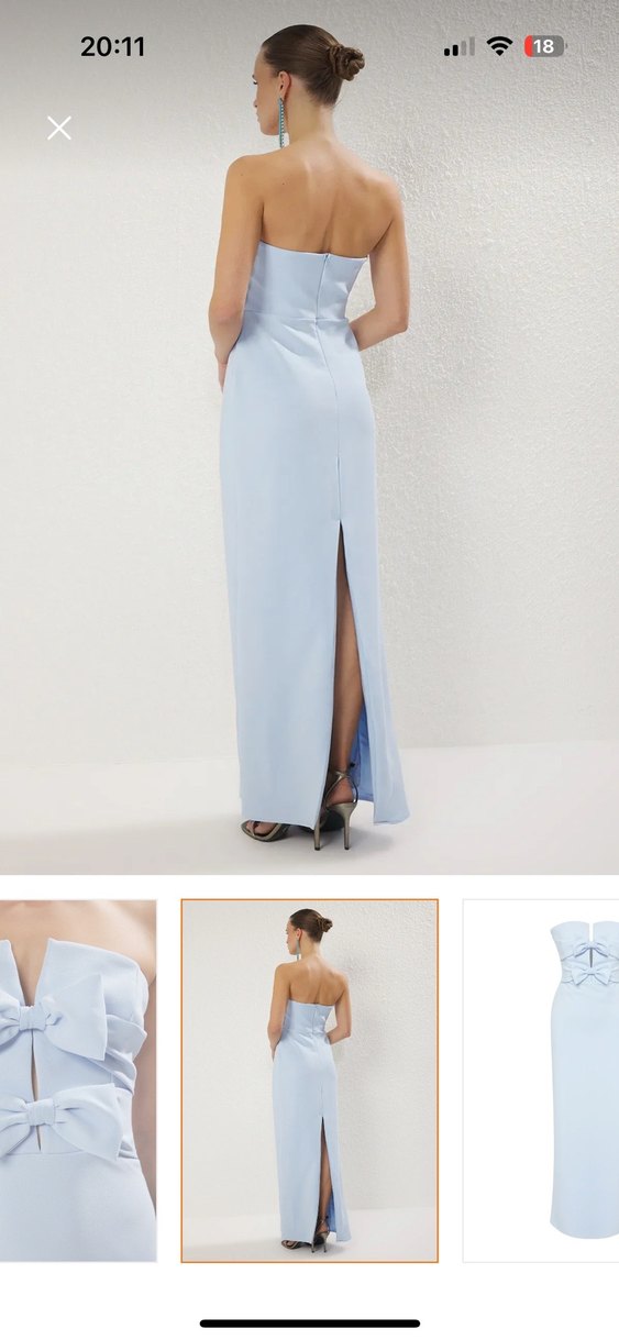 Mavi Fiyonklu Uzun V Yaka Kadın Elbise - Görsel 2