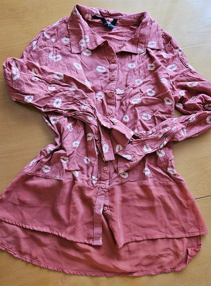 Altı Tüllü, Pembe, Öpücük Desenli Kadın Gömlek - Görsel 3