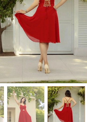 Kırmızı Midi Kokteyl Elbisesi - Görsel 5