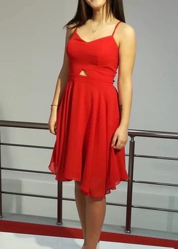 Kırmızı Midi Kokteyl Elbisesi - Görsel 3