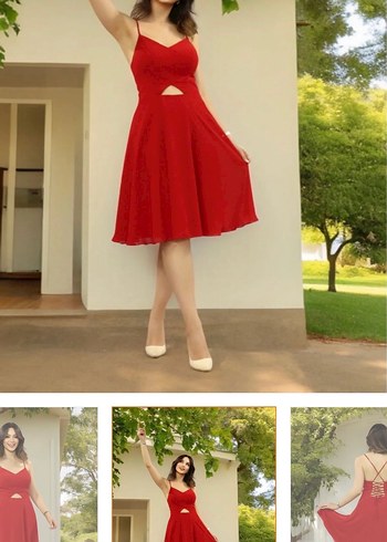 Kırmızı Midi Kokteyl Elbisesi - Görsel 6