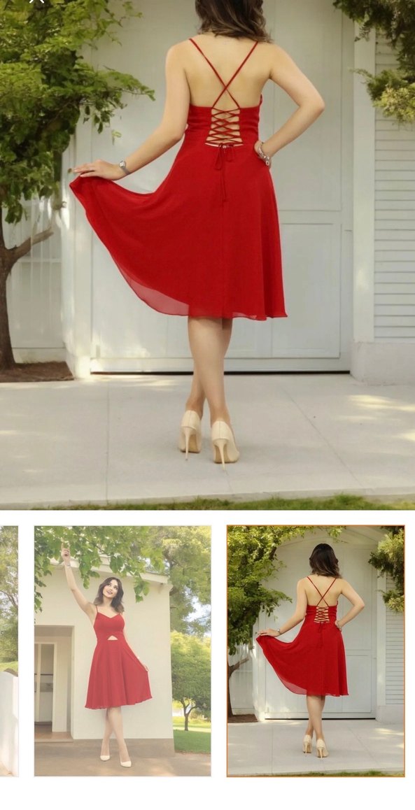 Kırmızı Midi Kokteyl Elbisesi - Görsel 5