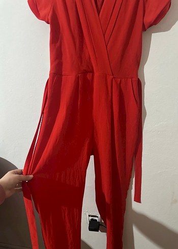 Kadın Kırmızı Kısa Kollu Drapeli Tulum - Görsel 4