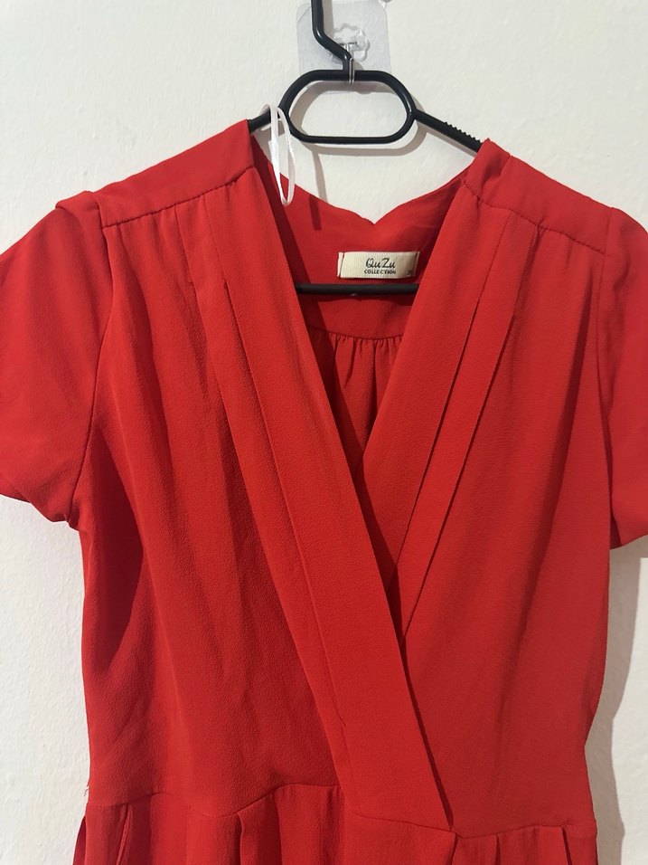 Kadın Kırmızı Kısa Kollu Drapeli Tulum - Görsel 2