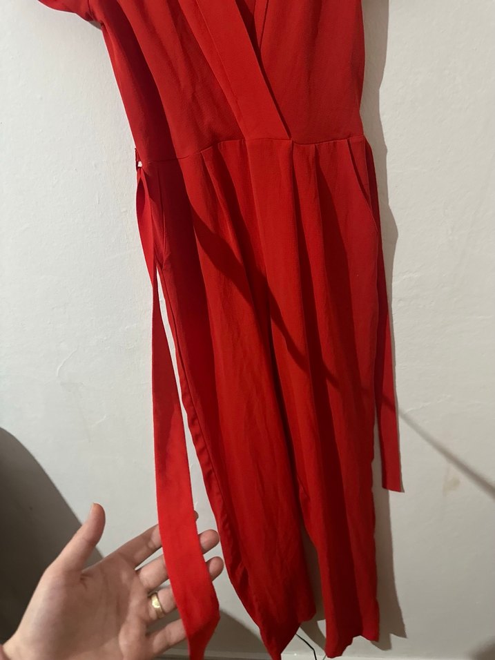 Kadın Kırmızı Kısa Kollu Drapeli Tulum - Görsel 5