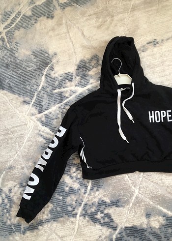 Kadın Siyah Kapüşonlu Crop Sweatshirt - Görsel 2